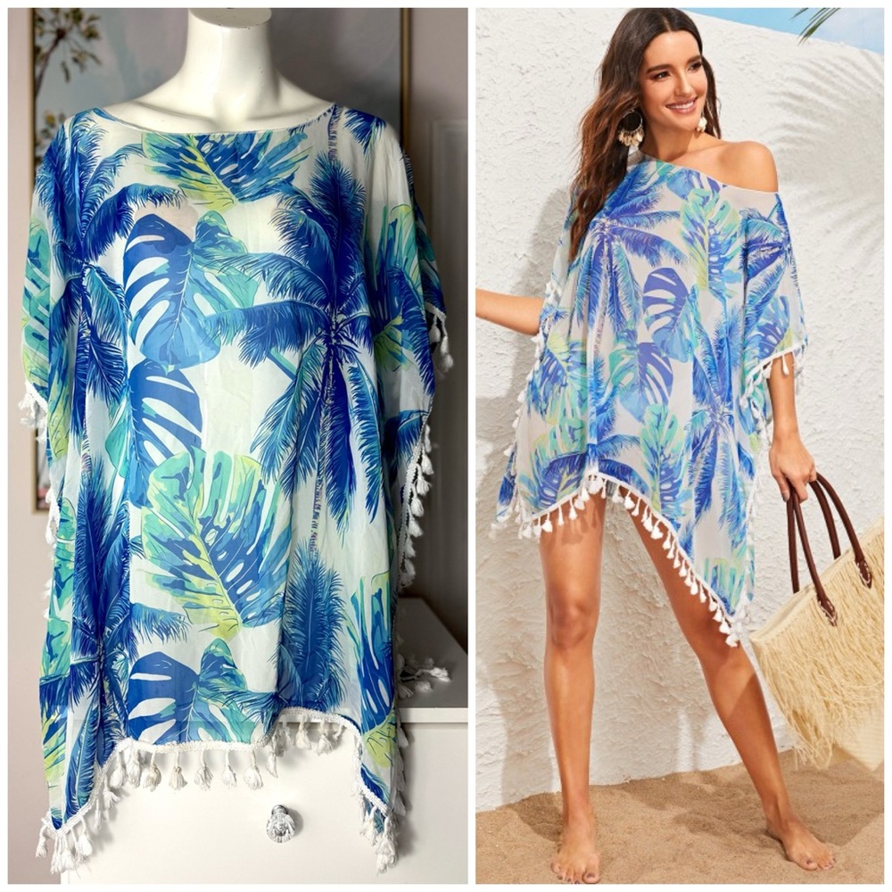 SHEIN Blue White Tropical Floral Sheer Tassel Beach Cover Up Size Large